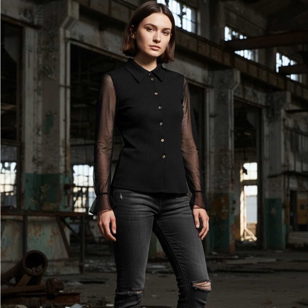 Button-up Blouse Shirt Sheer Sleeves Ruffled Cuffs Romantic Dark Academia Gothic